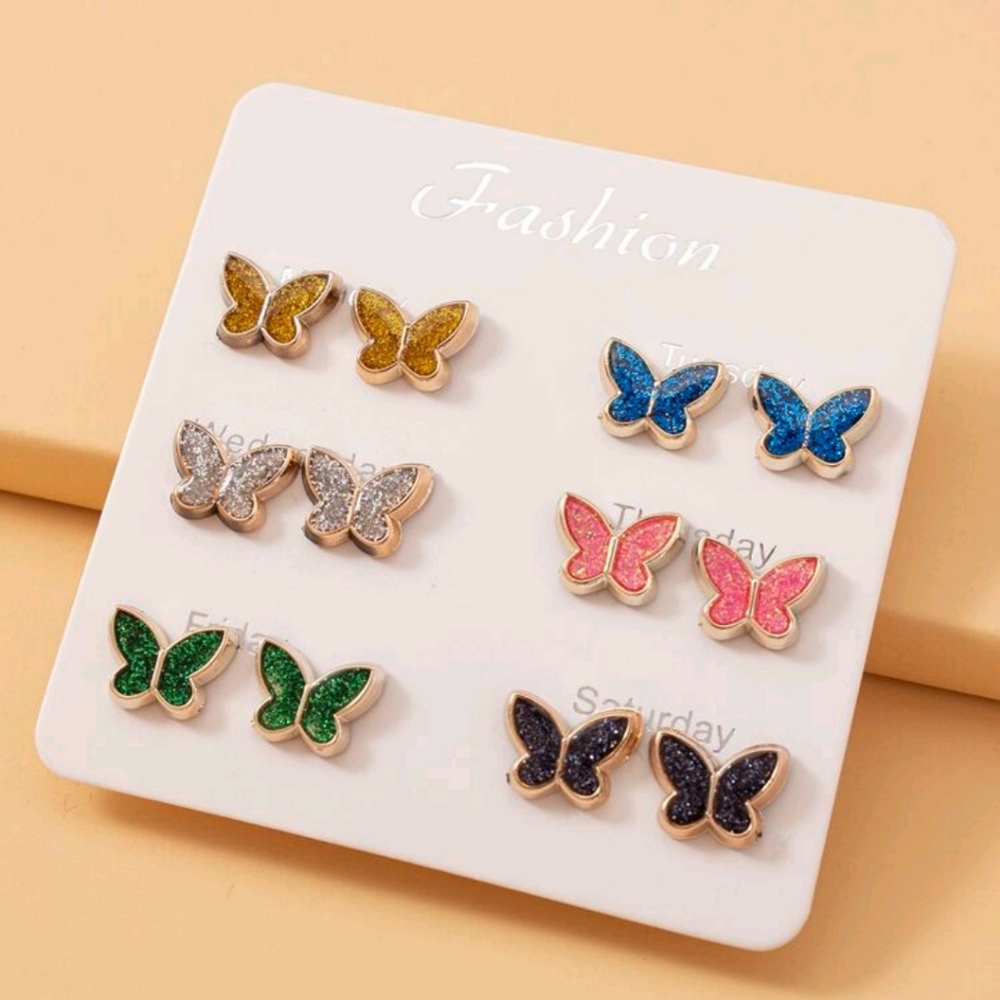 6 Pairs Butterfly Stud Earrings Set - Multicolor